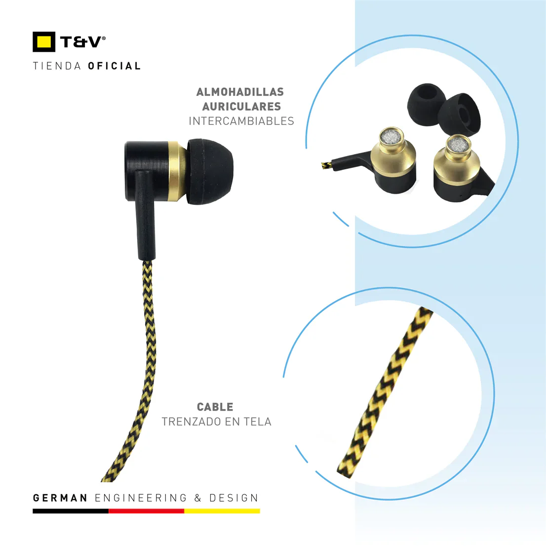 Audifonos Thonet & Vander 5Mw Aux 3.5Mm Cable Trenzado En Tela Amarillo Y Negro Klein - Image 6