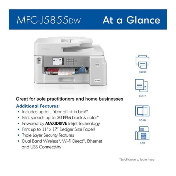 Impresora Brother INKvestment Tank Multifuncional Inyección de Tinta Color - 30 ppm - 4800 x 1200 dpi - Dúplex - Wi-Fi - MFCJ5855DW - Image 4