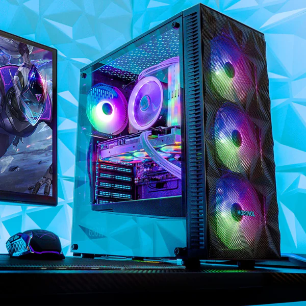 Case MOROVOL ATX Gaming PC 4pcs RGB Fans, Airflow Mid-Tower Diamond-Shaped Mesh Front & Tempered Glass Side Panel, 621-N4 - Image 4