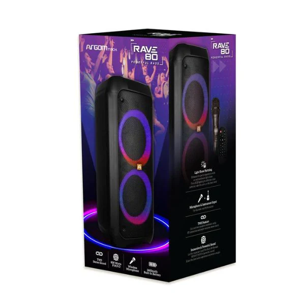 CORNETAS ARGOM RAVE 80/ WIRELESS BT/ PANEL LUCES LED/ KEREOKE/ INCLUYE MIC/ CONEXION GUITARRA - BATERIA/ C-REMOTO/ NEGRO - Image 2