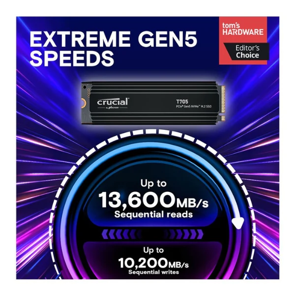 Disco Duro SSD Crucial T705 1TB Micron 232L TLC NAND PCIe Gen 5 x4 NVMe M.2 with Heatsink - Image 2