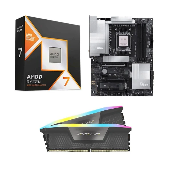 Kit para PC: Procesador AMD Ryzen 7 9850X3D 8 Núcleos 4.7GHz 96MB Cache + Tarjeta Madre MSI X870E-P Pro WiFi Socket AM5 DDR5 ATX + Memoria RAM Corsair Vengeance RGB 32 GB DDR5-6000 Black