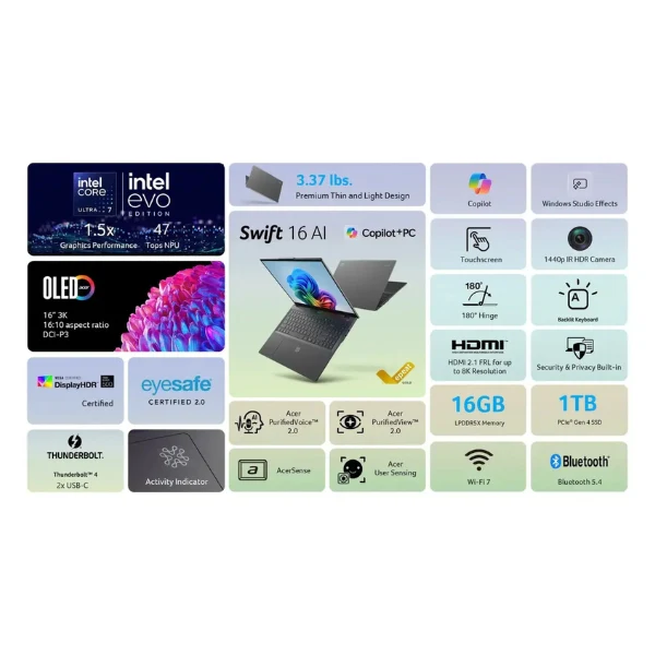 Laptop Acer Swift 16 AI Intel Core Ultra 7 Series 2 16GB RAM 1TB SSD 16" 3K OLED Touch Ice Intel Arc - Image 12