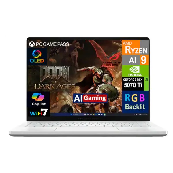 Laptop ASUS ROG Zephyrus G14 AMD Ryzen AI 9 HX 370 32GB RAM 2TB SSD 14" NVIDIA GeForce RTX 5070 Ti Win 11 Pro - Platinum White