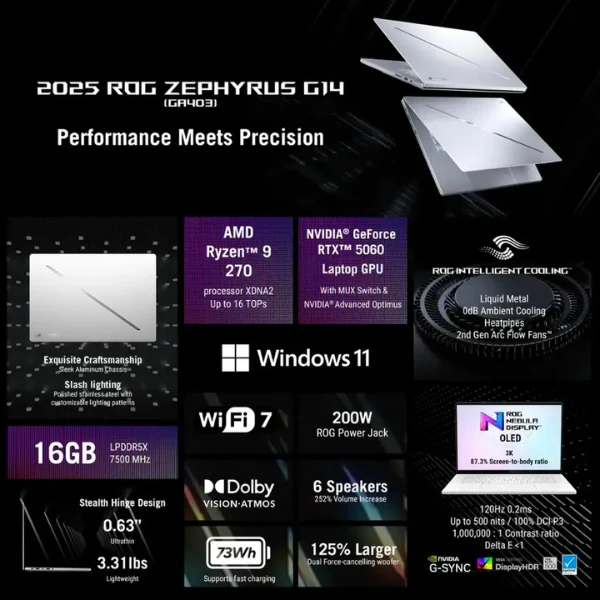 Laptop ASUS ROG Zephyrus G14 OLED AMD Ryzen 9 Series 200 16GB RAM 1TB SSD 14" NVIDIA GeForce RTX 5060 Platinum White - Image 6