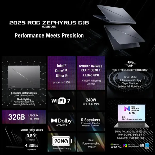Laptop ASUS ROG Zephyrus G16 Intel Core Ultra 9 Series 2 32GB RAM 1TB SSD 16" NVIDIA GeForce RTX 5070 Ti Eclipse Gray - Image 7