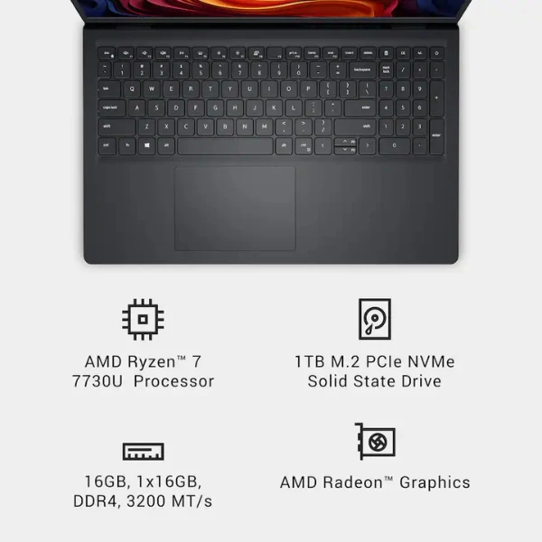 Laptop Dell 15.6" 2K AMD Ryzen 7 7730U (2GHz) 16GB RAM 1TB SSD 15.6" AMD Radeon Win 11 Home S Mode - Carbon Black - Image 6
