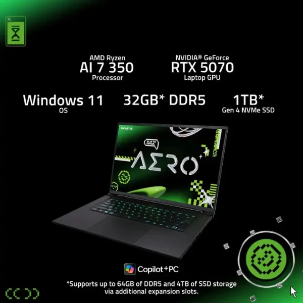 Laptop GIGABYTE AERO X16 AMD Ryzen AI 7 350 Series 300 32GB RAM 1TB SSD 16" NVIDIA GeForce RTX 5070 Space Gray - Image 9