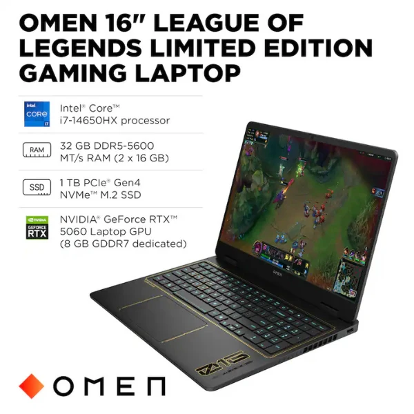 Laptop HP OMEN League of Legends Ltd Ed Intel Core i7-14650HX (5.2GHz) 32GB RAM 1TB SSD 16" NVIDIA GeForce RTX 5060 8GB GDDR7 Windows 11 Home - Shadow Black - Image 4