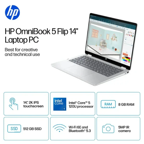 Laptop HP OmniBook 5 Flip 2 en 1 Touchscreen Intel Core 5 Series 1 8GB RAM 512GB SSD 14" Intel Graphics Glacier Silver - Image 7