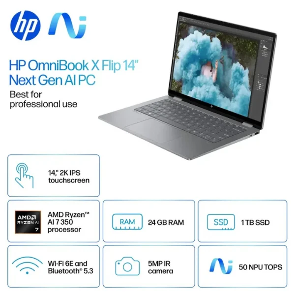 Laptop HP OmniBook X Flip 2 en 1 Touchscreen AMD Ryzen AI 7 Series 300 24GB RAM 1TB SSD 14" AMD Radeon 860M Meteor Silver - Image 6
