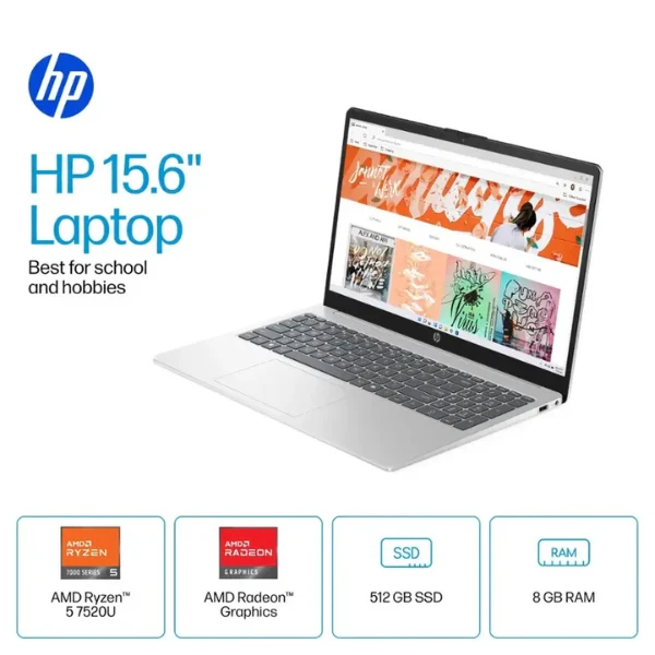 Laptop HP Touchscreen AMD Ryzen 5 7520U (4.3GHz) 8GB RAM 512GB SSD 15.6" AMD Radeon Win 11 - Natural Silver - Image 5