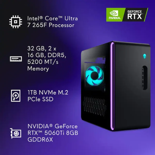 Pc Gaming Alienware Aurora Intel Core Ultra 7 265F (5.3 GHz) - 32 GB DDR5 - 1 TB SSD - NVIDIA GeForce RTX 5060 Ti 8GB GDDR7 - 500 W - Win 11 Home - Black - Image 5
