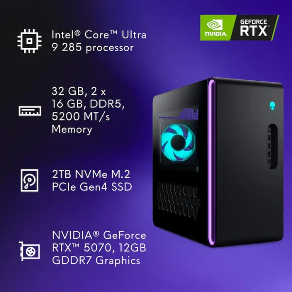 Pc Gaming Alienware Aurora Intel Core Ultra 9 285 (5.6 GHz) - 32 GB DDR5 - 2 TB SSD - NVIDIA GeForce RTX 5070 12 GB - 1000 W - Win 11 - Negro - Image 11