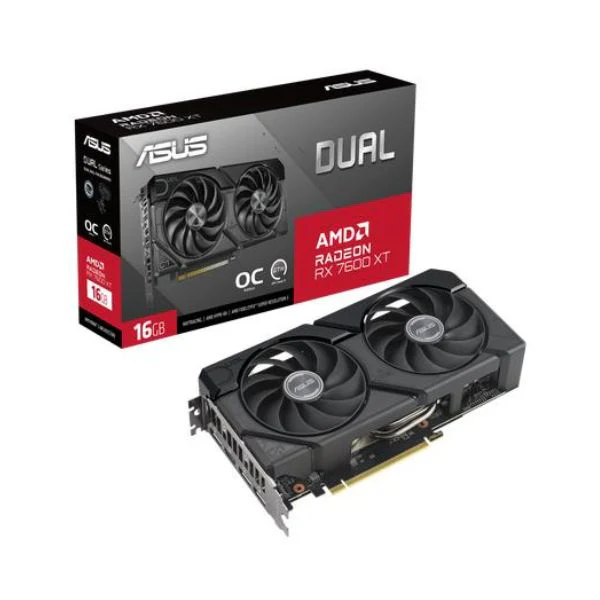 Tarjeta gráfica ASUS Dual Radeon™ RX 7600 XT OC Edition 16GB GDDR6, Axial-tech, 0dB, HDMI 2.1, DisplayPort 2.1, Auto-Extreme Technology