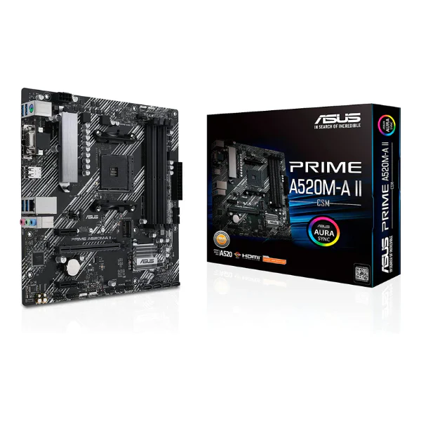 Tarjeta Madre ASUS Prime A520M-A II/CSM. Motherboard AMD AM4(3rd Gen Ryzen) microATX Memory,M.2 1GB Ethernet, DP/HDMI 2.1/D-Sub, 4K@60HZ USB3
